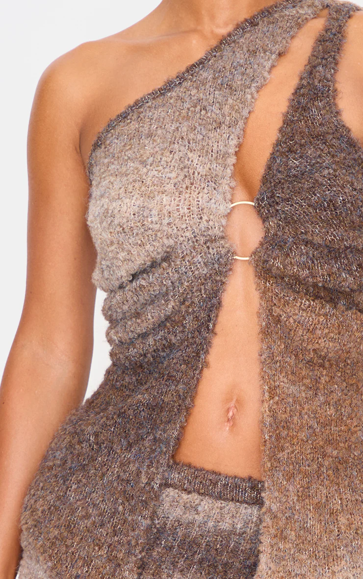 Mocha Stripe Textured Knit O Ring Asymmetric Cut Out Top