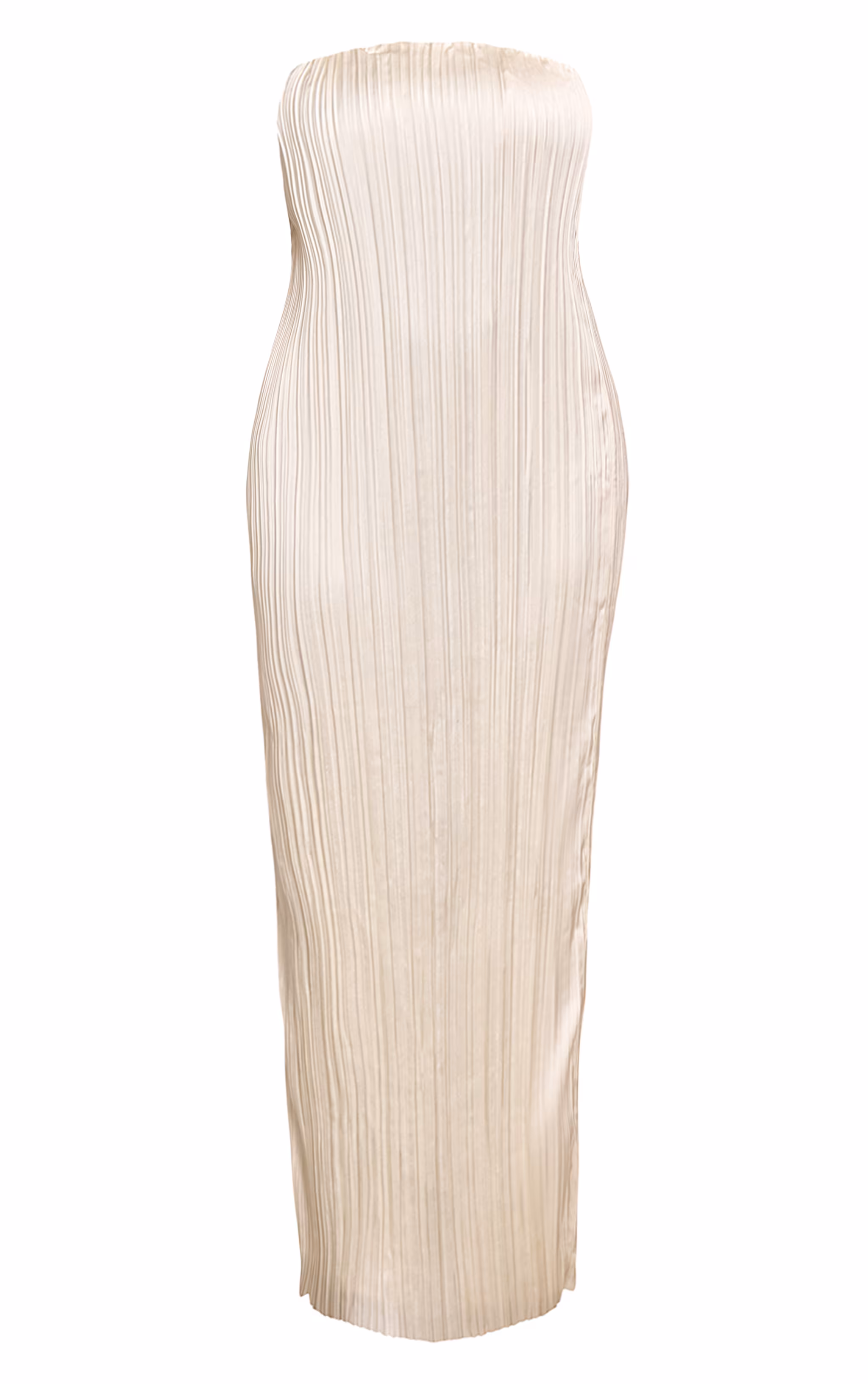 PLT Label Plus Ivory Plisse Satin Column Bandeau Maxi Dress