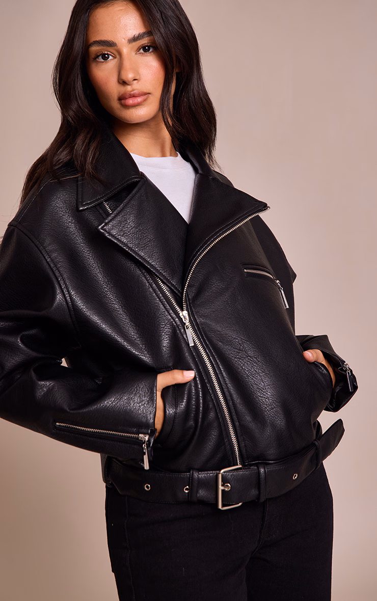 Petite Black Faux Leather Oversized Biker Jacket