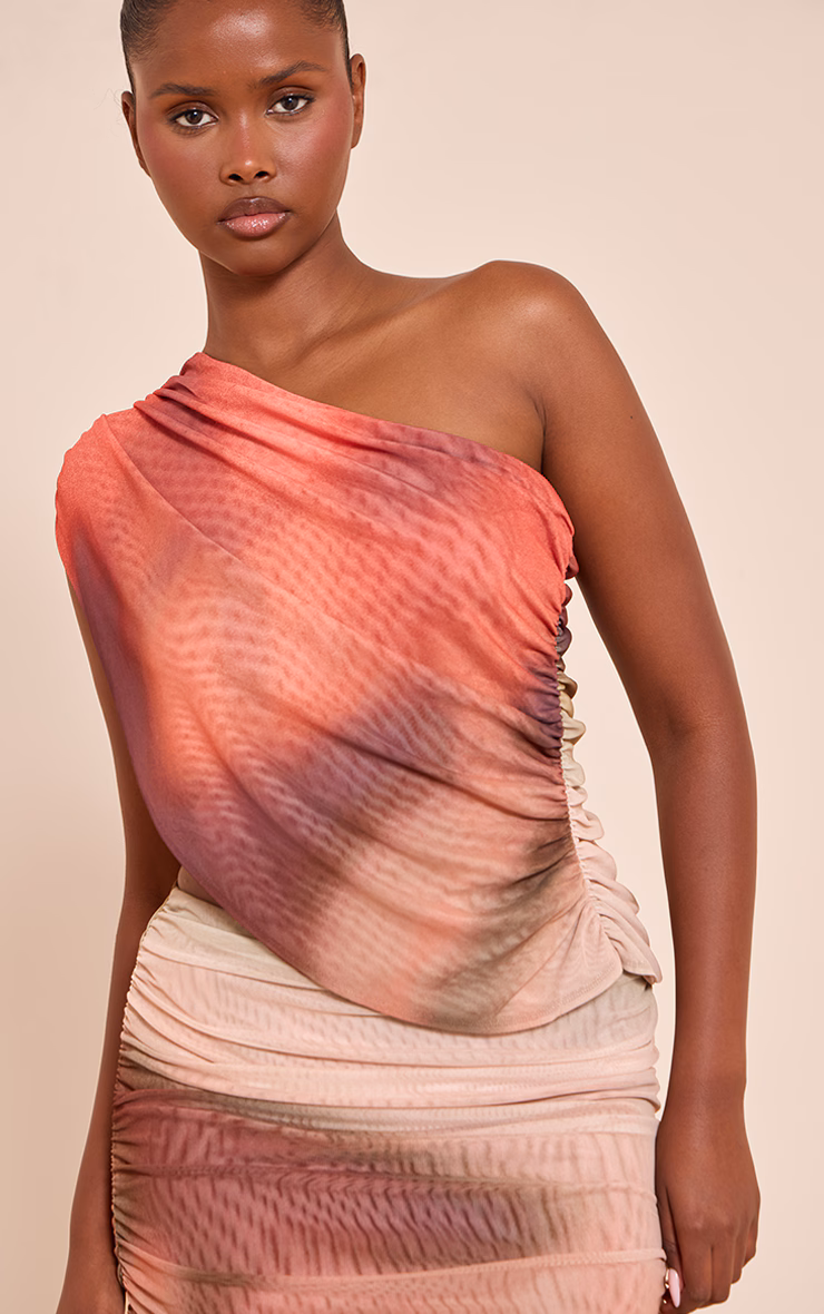 Multi Abstract Print Mesh One Shoulder Ruched Top