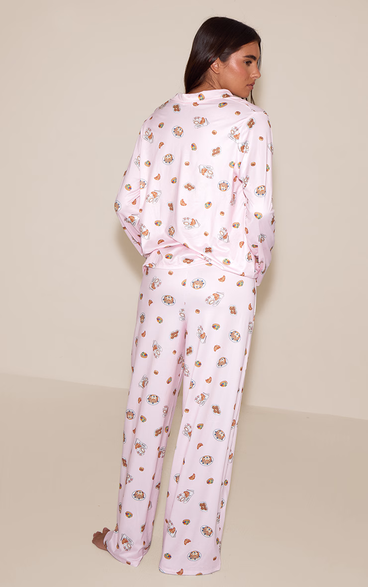 Pink Breakfast Print Long Sleeve Button Through PJ Set