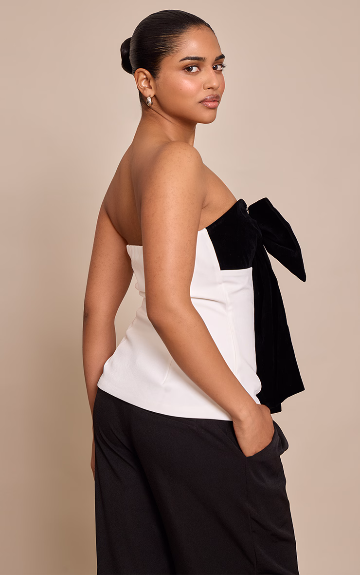 Petite Black Velour Contrast Bow Bandeau Top