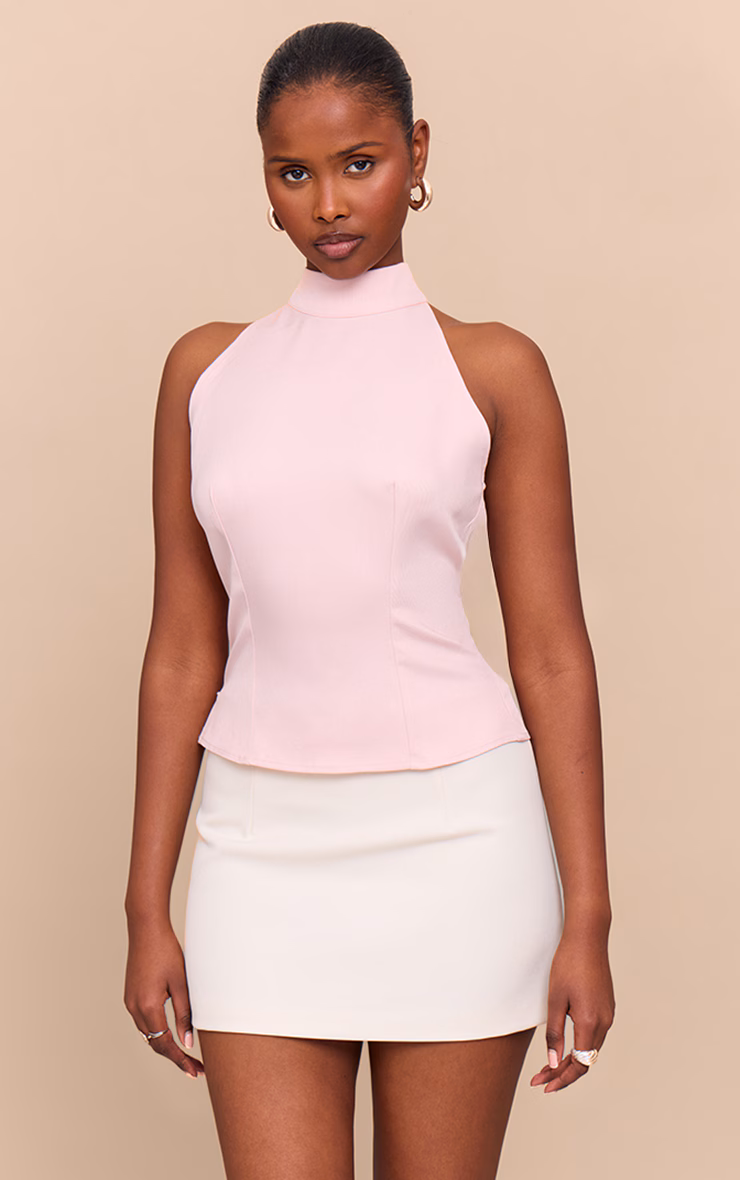 Pale Pink Woven High Neck Tie Detail Top