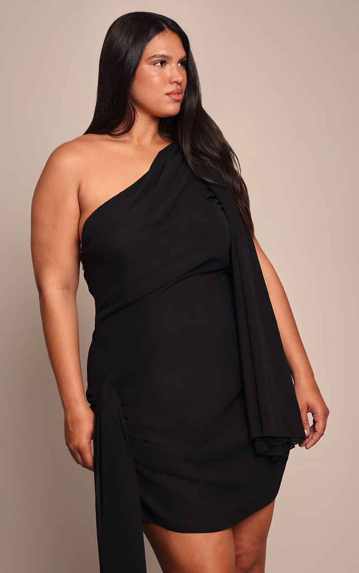 Plus Black Chiffon Draped Detail Mini Dress