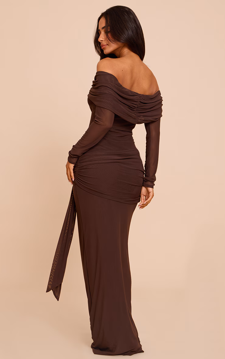 Petite Chocolate Asymmetric Long Sleeve Bardot Maxi Dress