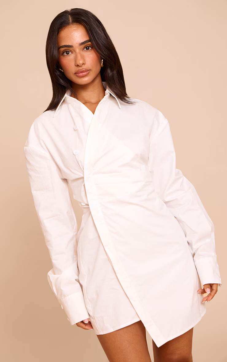 Petite White Asymmetric Button Down Long Sleeve Shirt Dress
