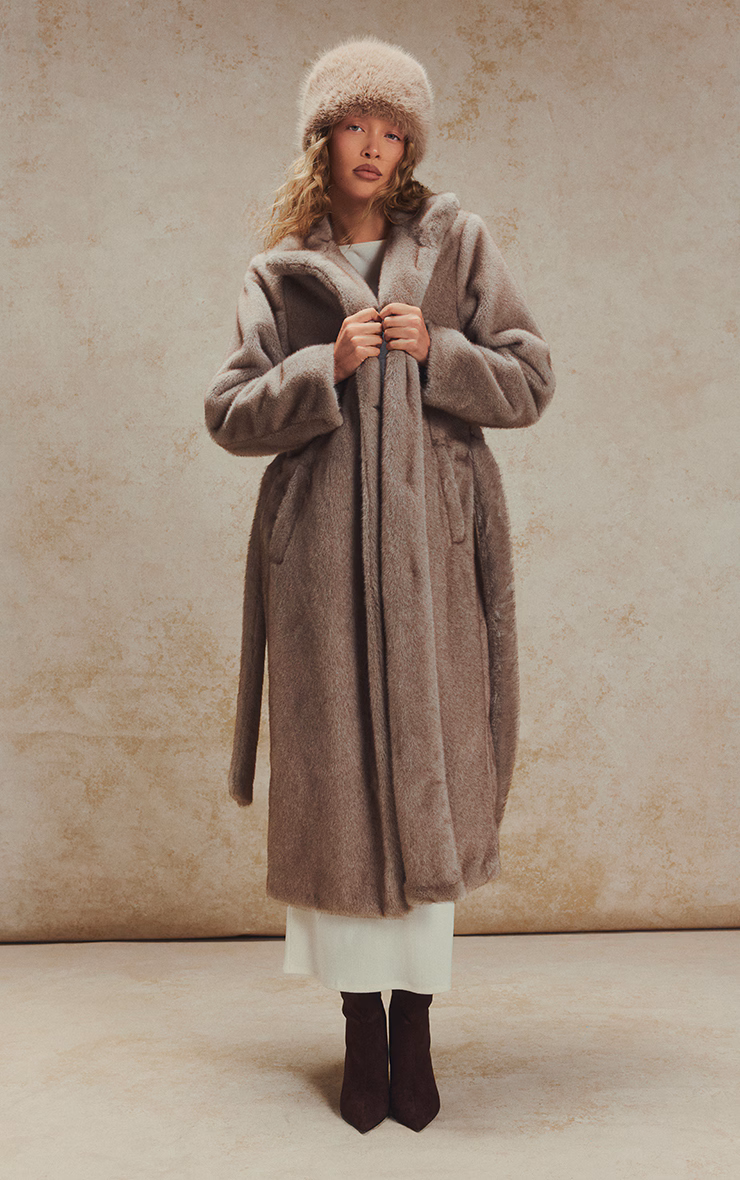 Grey Faux Fur Funnel Neck Maxi Coat