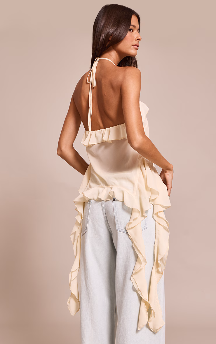 Cream Chiffon Ruffle Drape Detail Longline Top