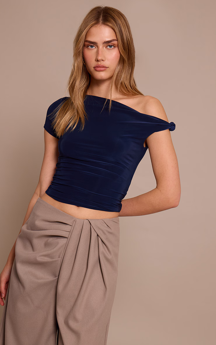 Navy Double Layer Slinky Asymmetric Knot Detail Long Top