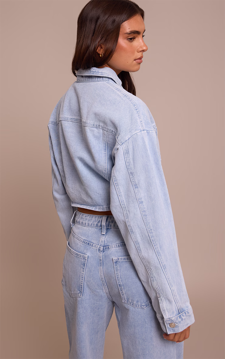 Light Blue Balloon Sleeve Cropped Denim Jacket