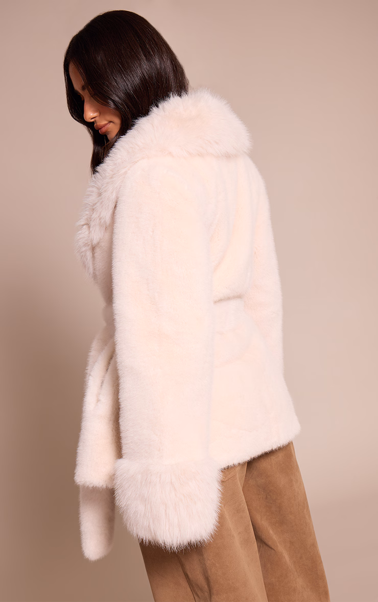 Petite Cream Plush Faux Fur Self Tie Coat
