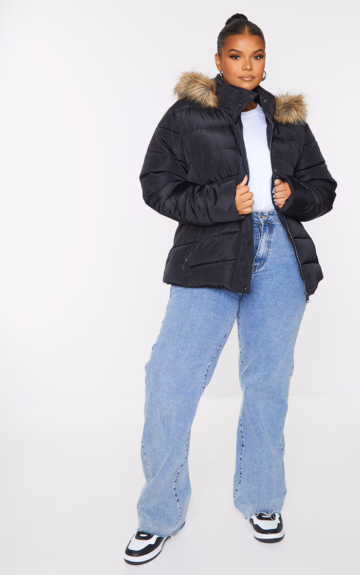 Plus Black Quilted Mara Faux Fur Hooded Puffer Jacket