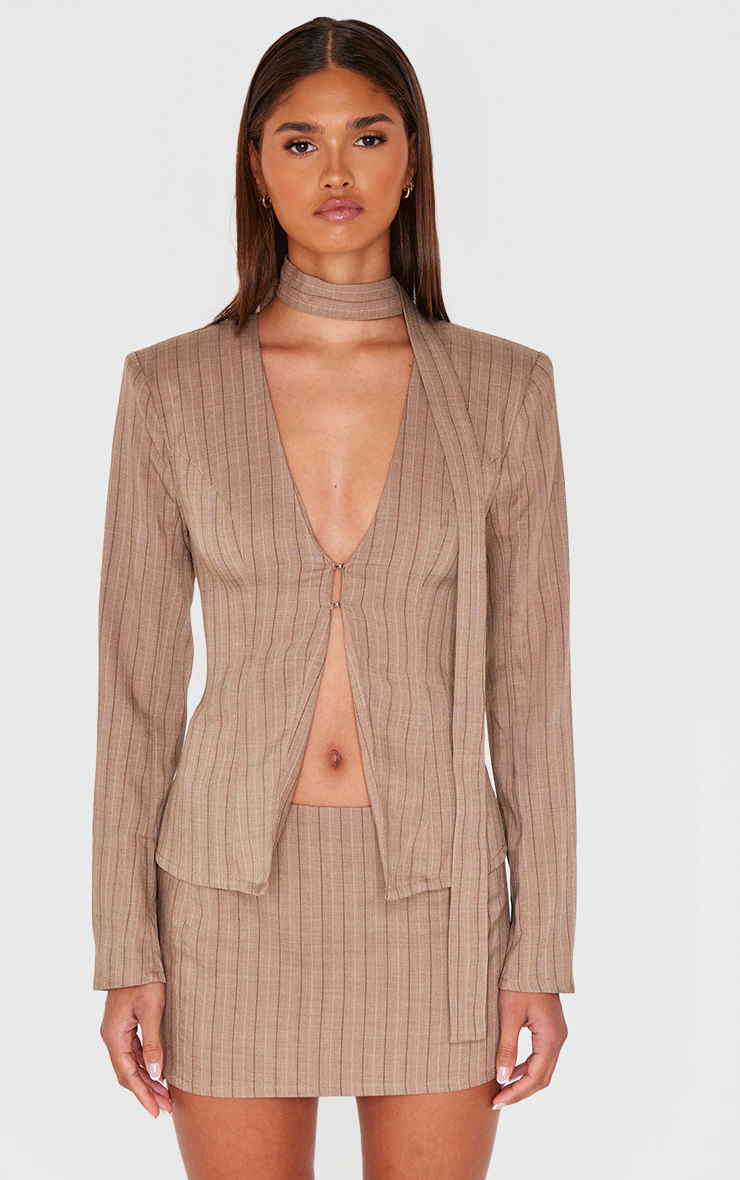 Mocha Pinstripe Neck Tie Fitted Blazer