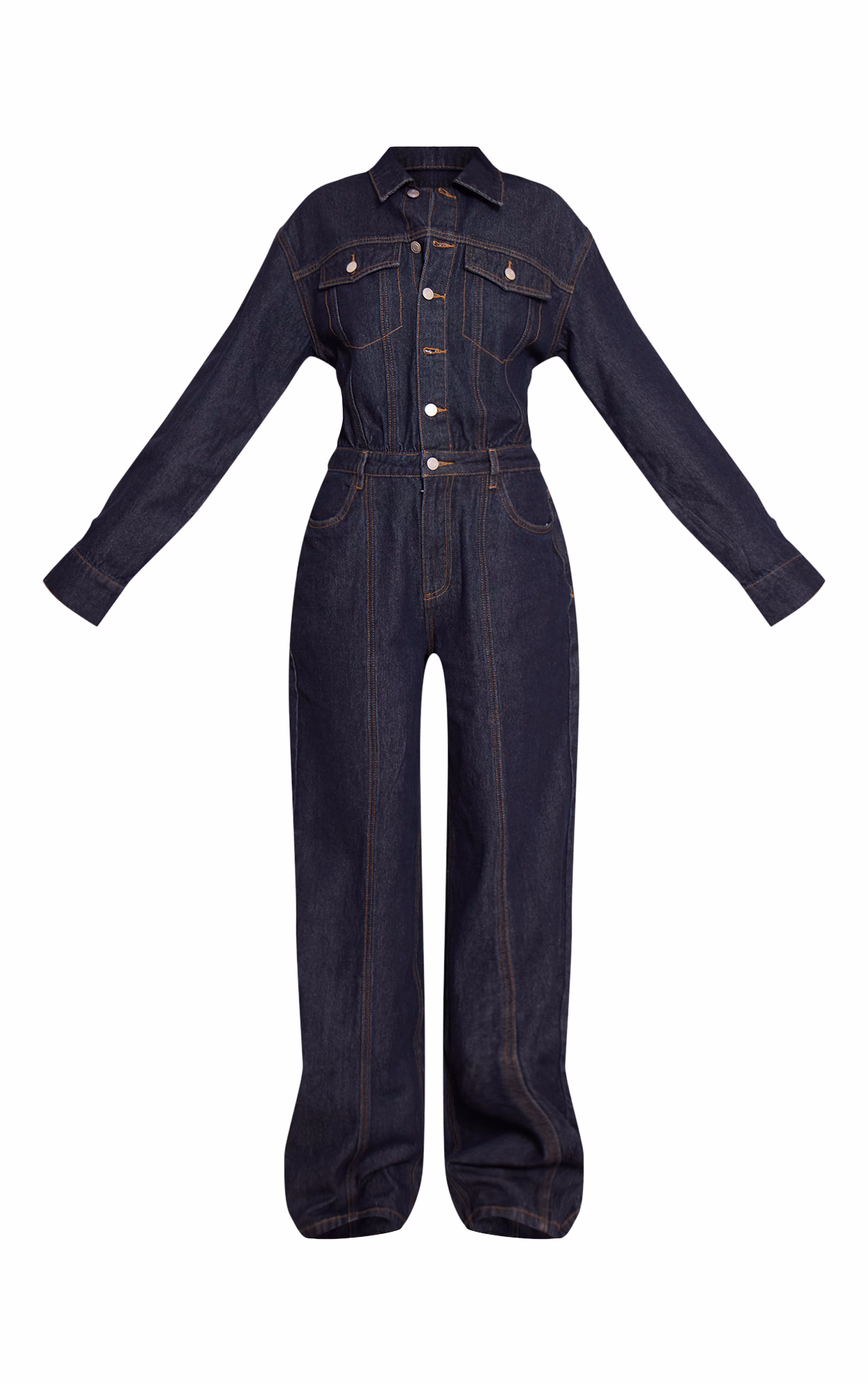 Tall Indigo Contrast Stitch Long Sleeve Denim Jumpsuit