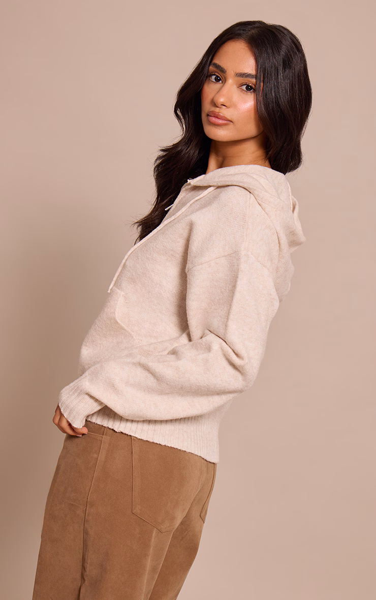 Petite Beige Zip Up Knitted Hoodie