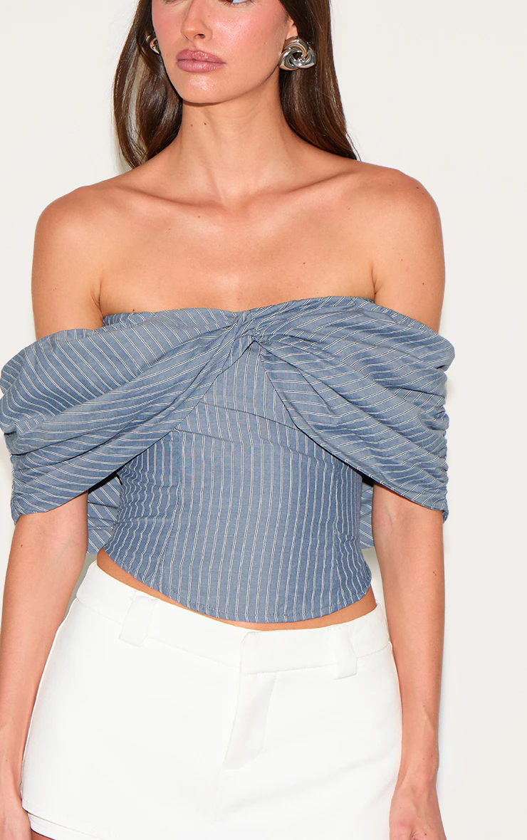 Grey Striped Cotton Twist Detail Bardot Top