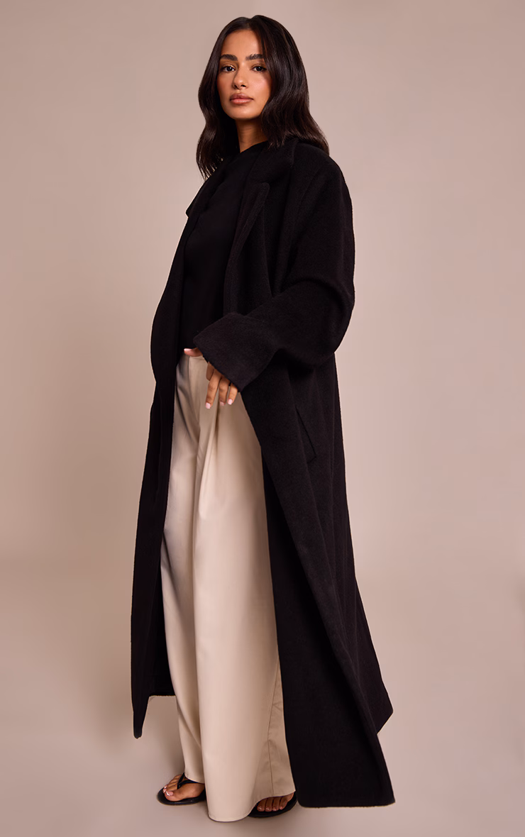 Petite Black Brushed Wool Maxi Coat