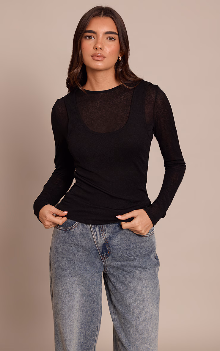 Black Burnout Mesh Overlay Detail Long Sleeve Top