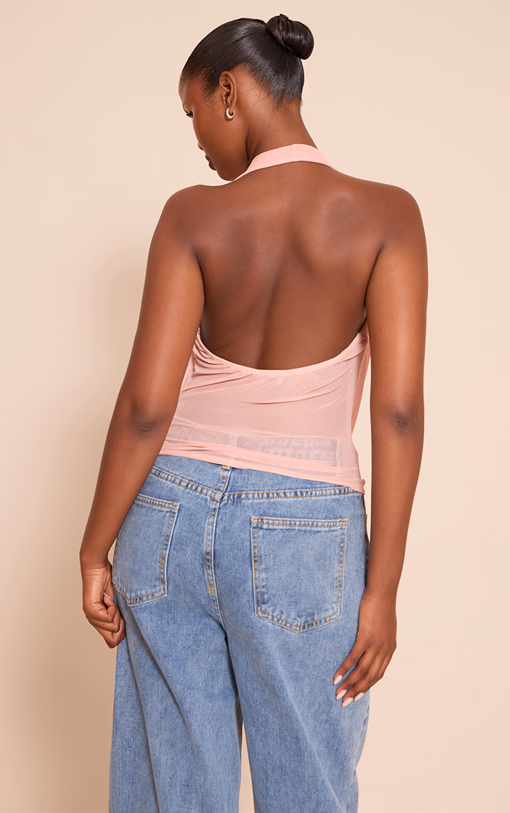 Peach Mesh Halter Neck Top