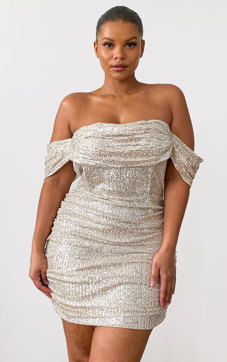 Plus Cream Sequin Bardot Bodycon Dress