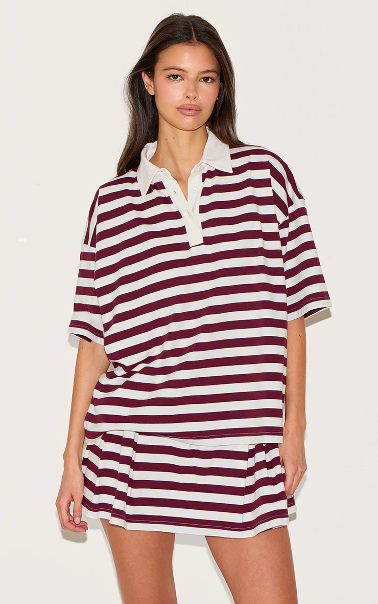 Red Striped Oversized Collared T-shirt