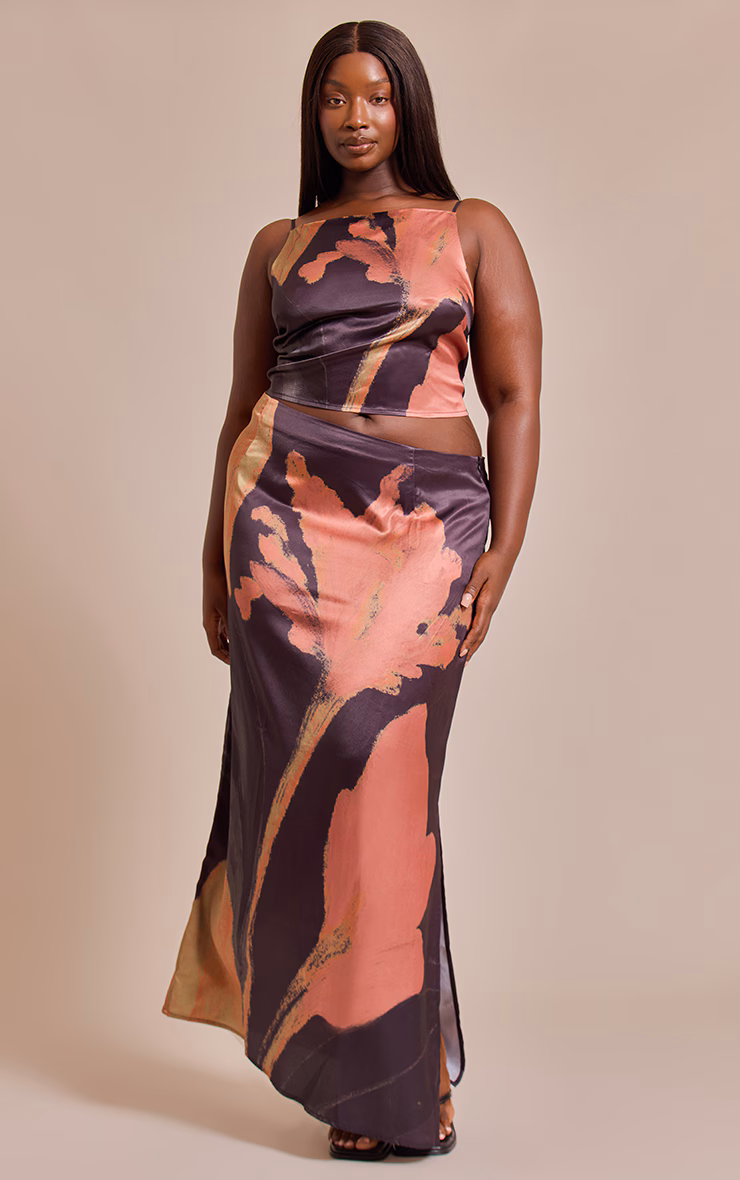 Plus Black Floral Printed Satin Maxi Skirt