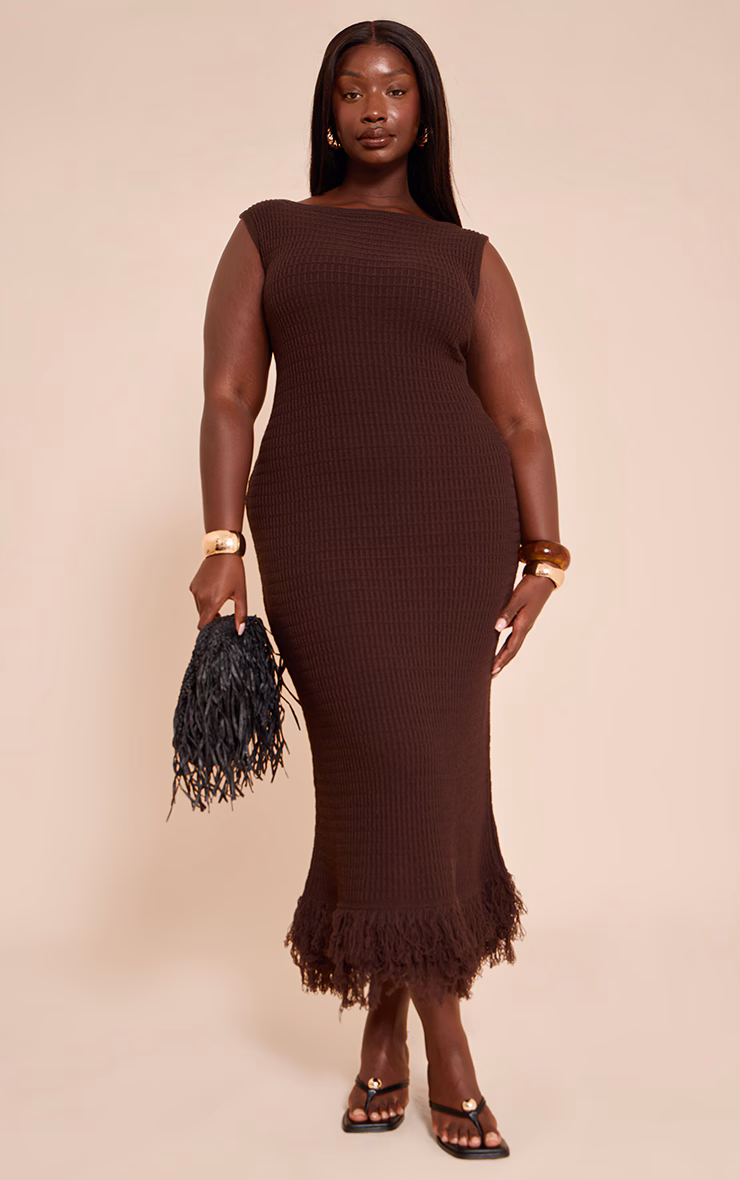 Plus Chocolate Loop Knit Asymmetric Maxi Dress