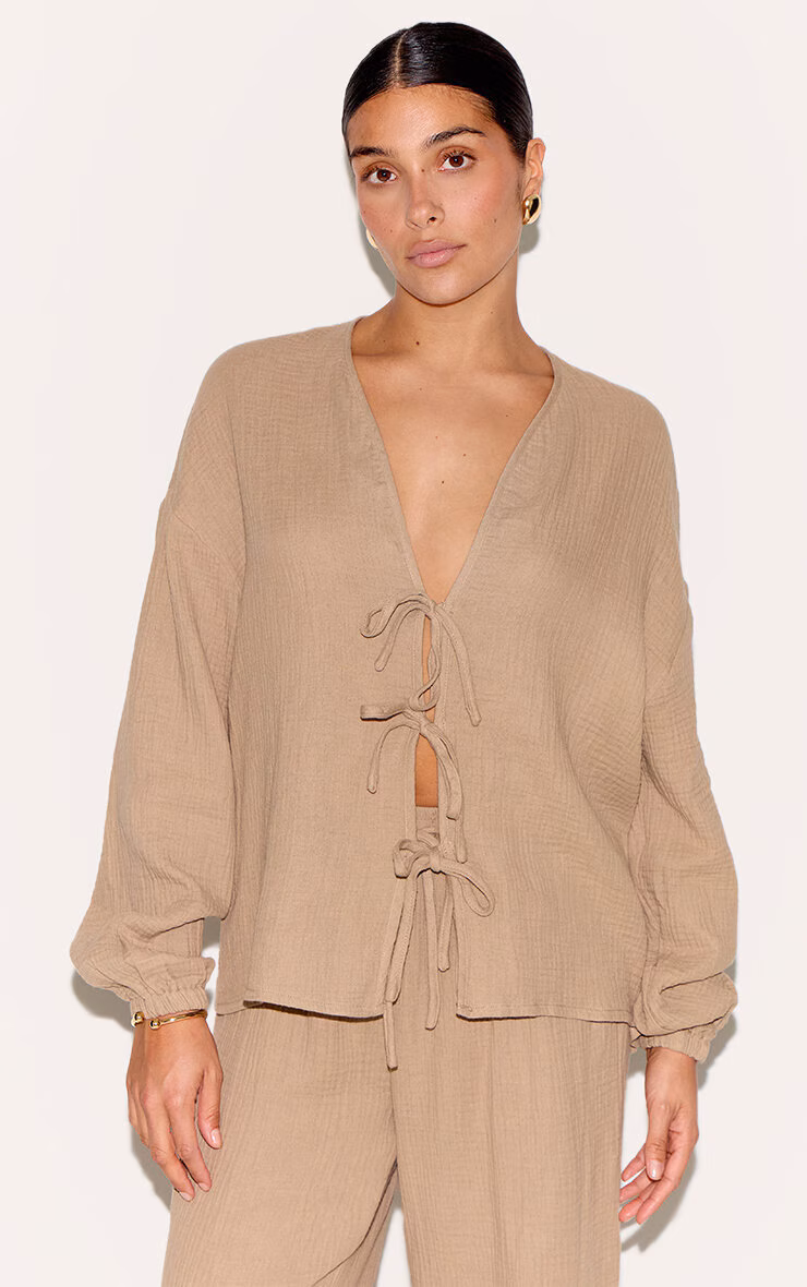 Petite Mushroom Cheesecloth Textured Tie Front Shirt