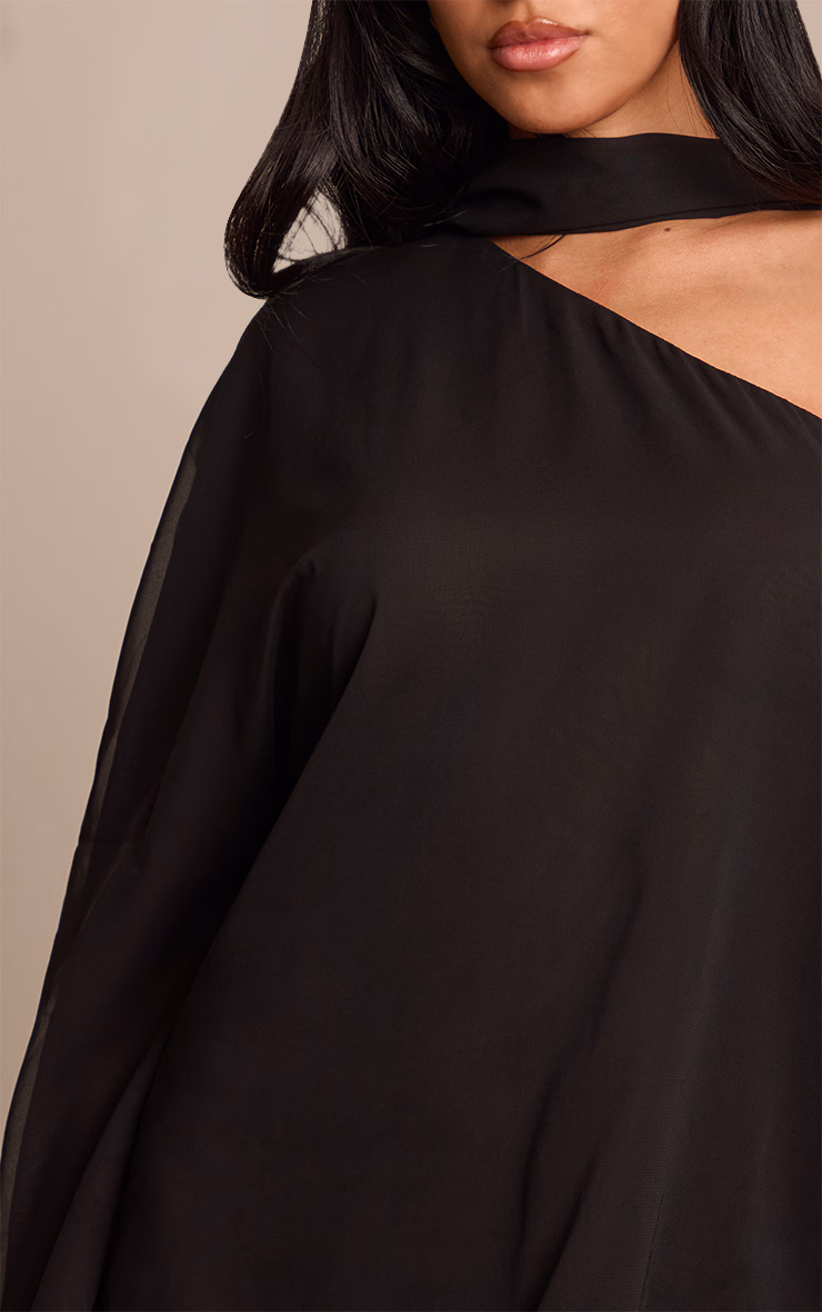 Black Chiffon One Shoulder Feather Detail Shift Dress