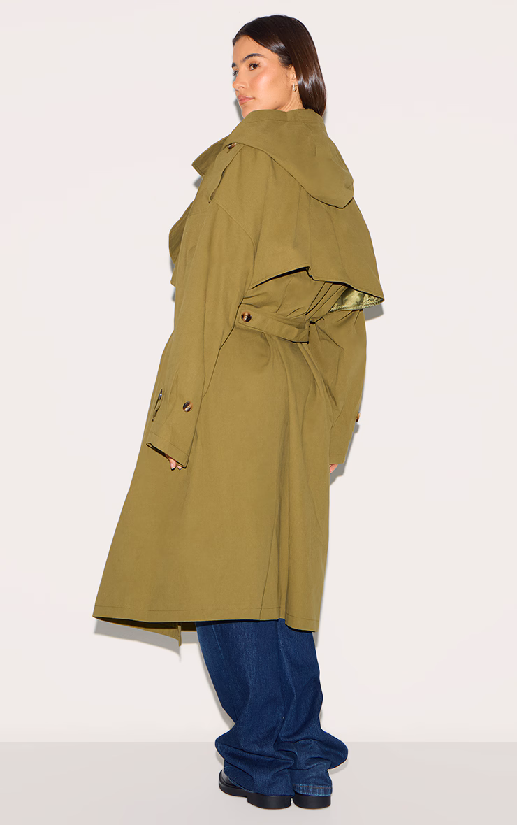 Khaki Woven Hooded Oversized Trench Coat