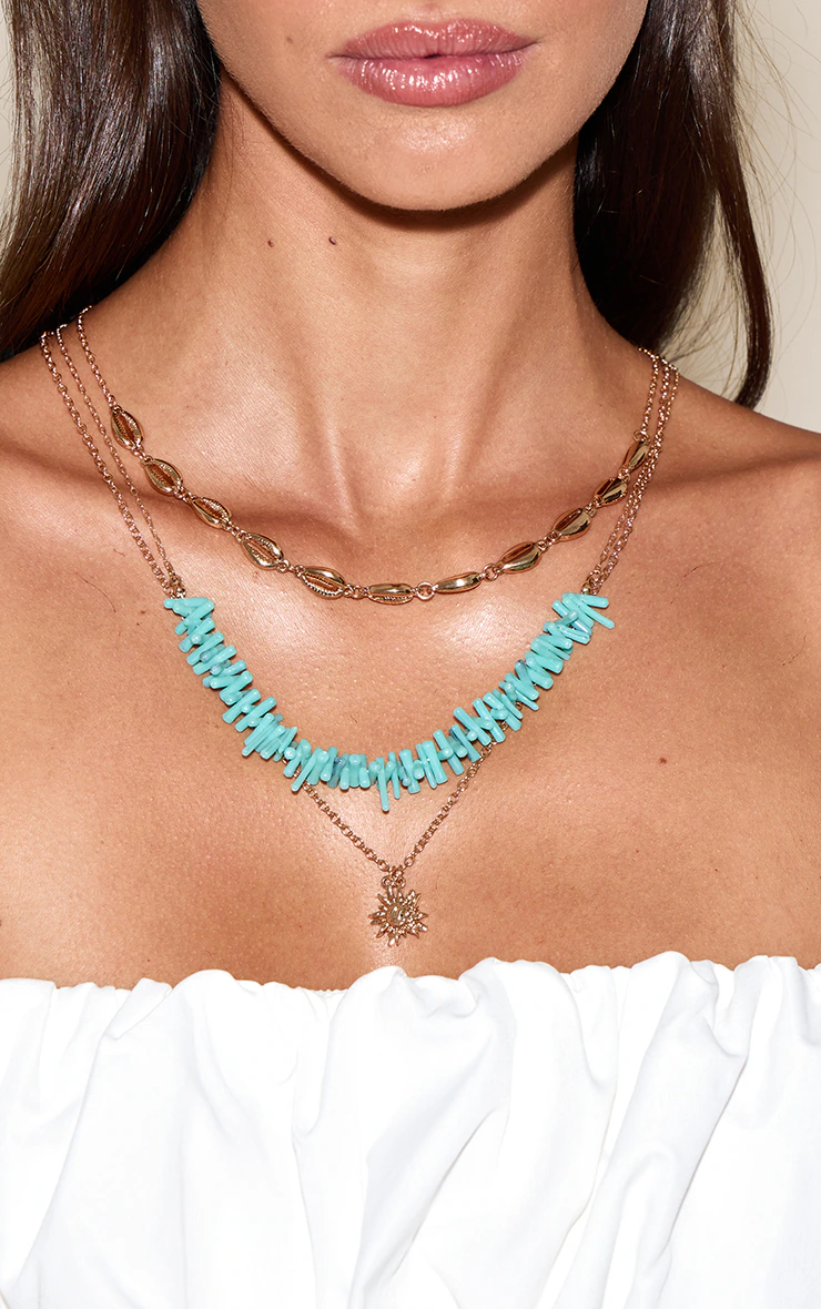 Aqua Beaded Layered Starfish Pendant Necklace