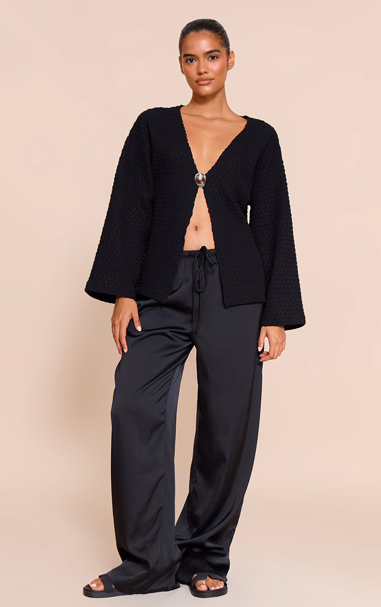 Black Textured Trim Detail Oversized Long Sleeve Top