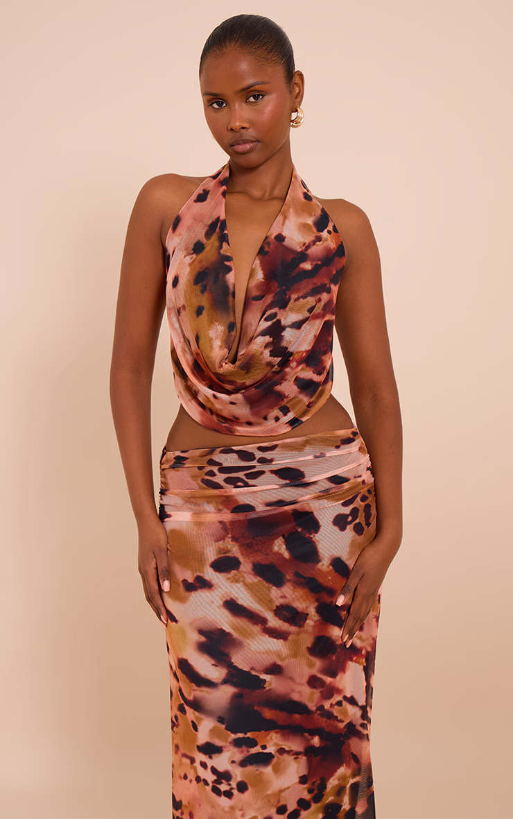 Multi Abstract Print Cowl Neck Mesh Top