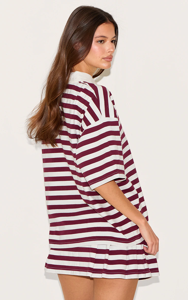 Red Striped Oversized Collared T-shirt