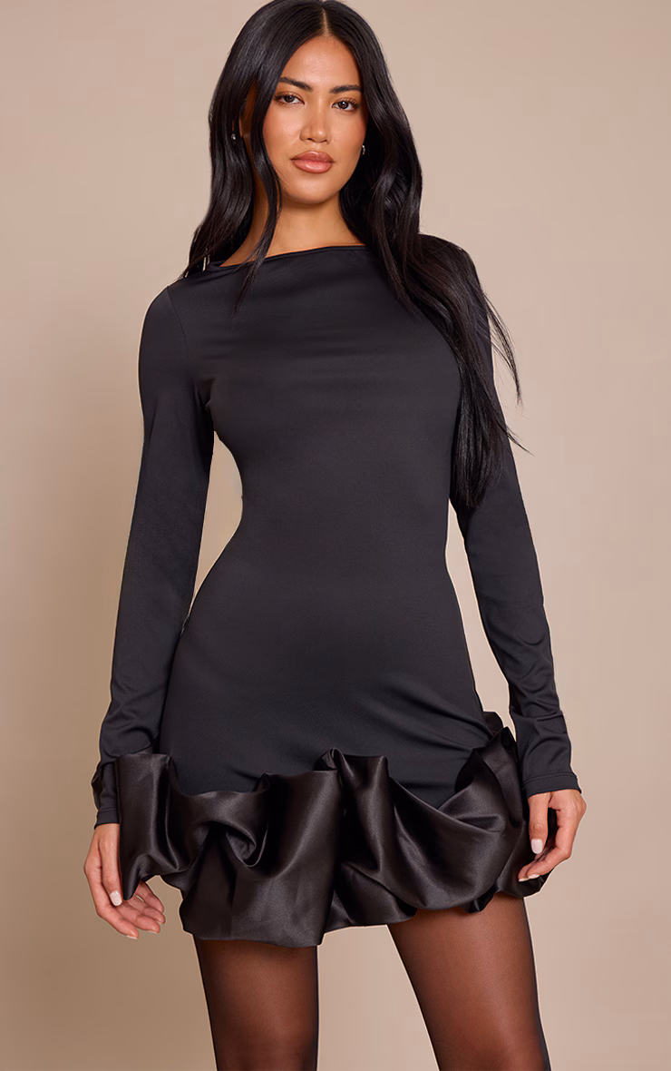 Black Satin Puffball Bodycon Dress