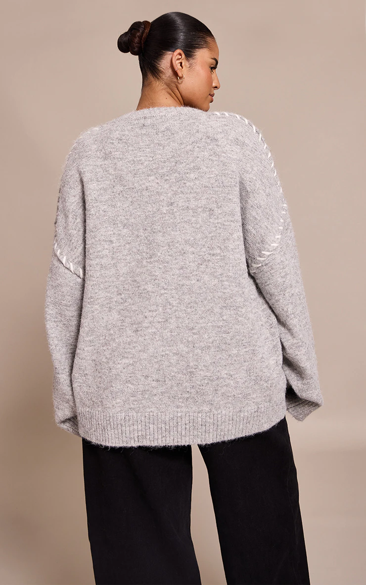Plus Grey Blanket Stitch Knit Sweater
