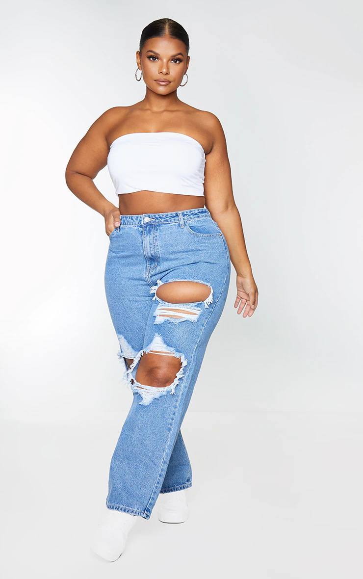 PRETTYLITTLETHING Plus Mid Blue Ripped Straight Leg Jeans