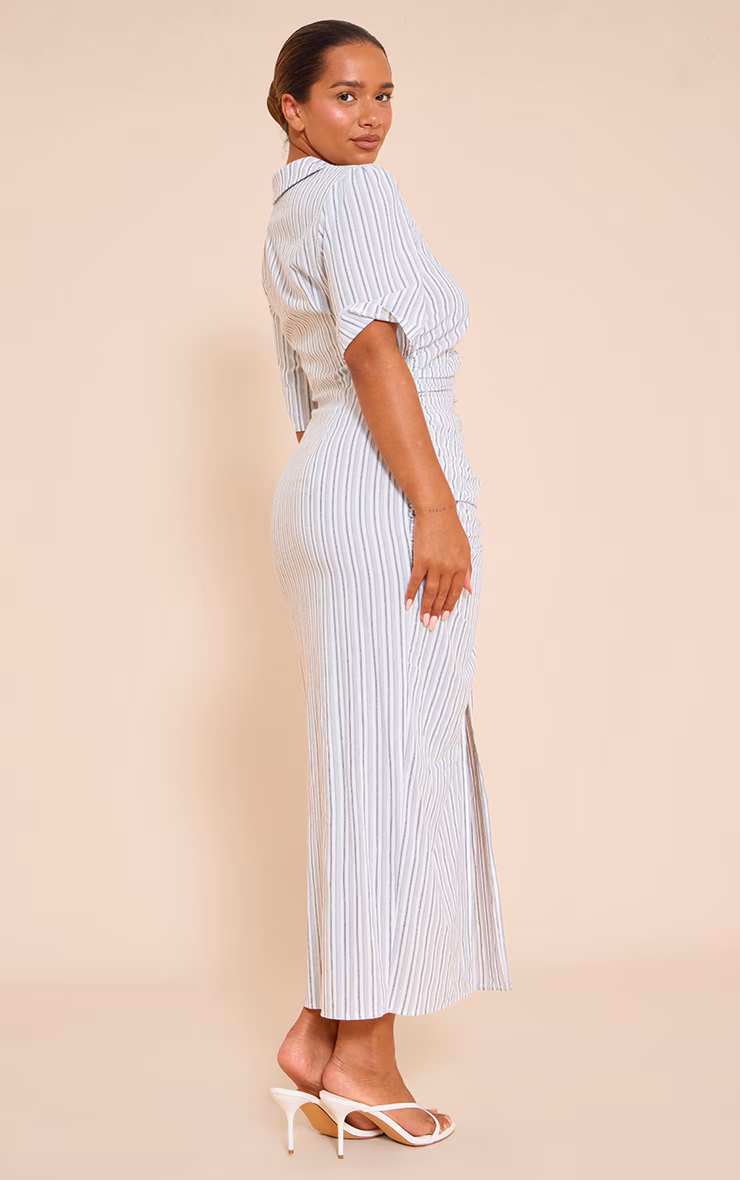 Shape white Striped Ruched Front Collared Split Front Maxi Dress