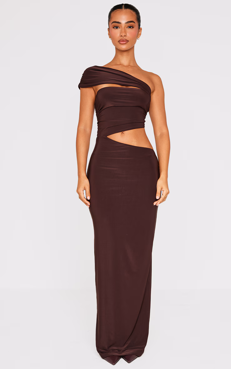 Petite Chocolate Cut Out Slinky Maxi Dress