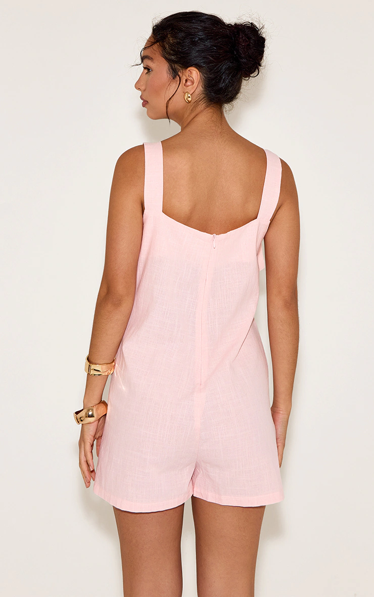 Pale Pink Linen Look Tie Shoulder Pocket Detail Romper