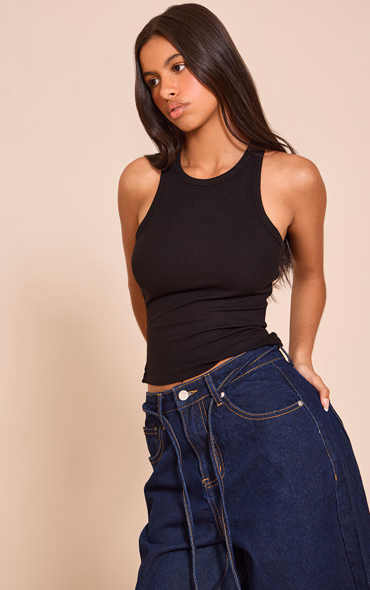 Petite Black Soft Rib Racer Neck Vest Top