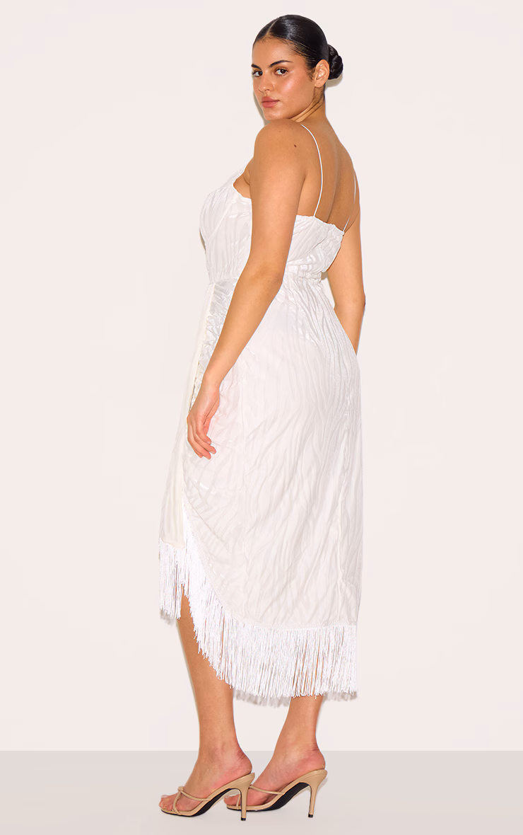 Plus White Devore Tassel Detail Underwired Draped Midi Dress