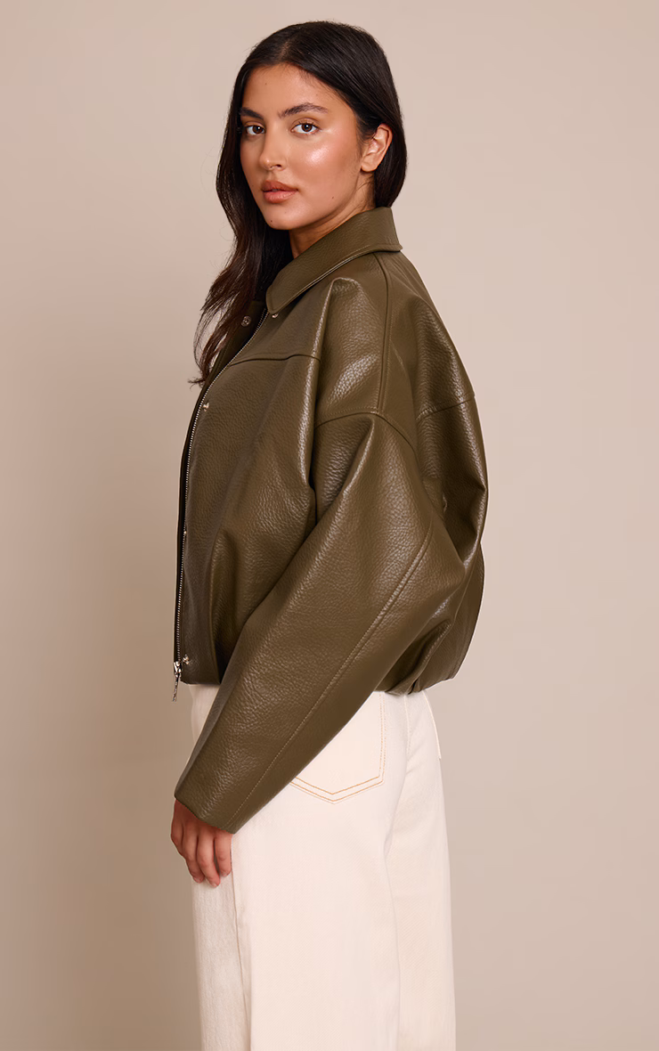 Khaki Faux Leather Covered Placket Bomber Jacket
