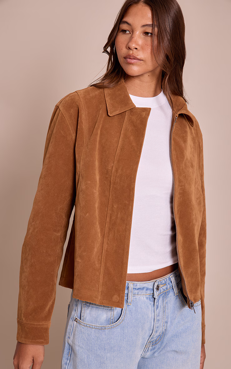 Tan Faux Suede Concealed Placket Bomber Jacket