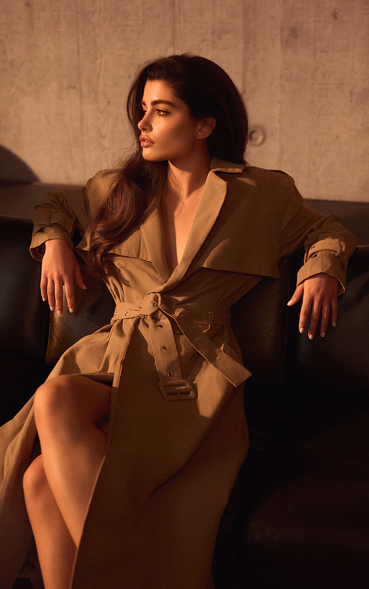 PLT Label Taupe Belt Detail Shoulder Pad Trench Coat