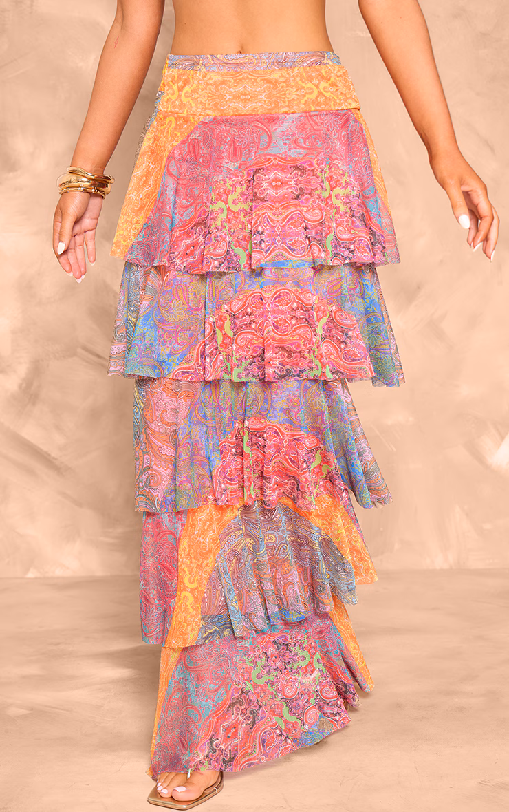 Multi Patchwork Printed Mesh Rara Maxi Skirt