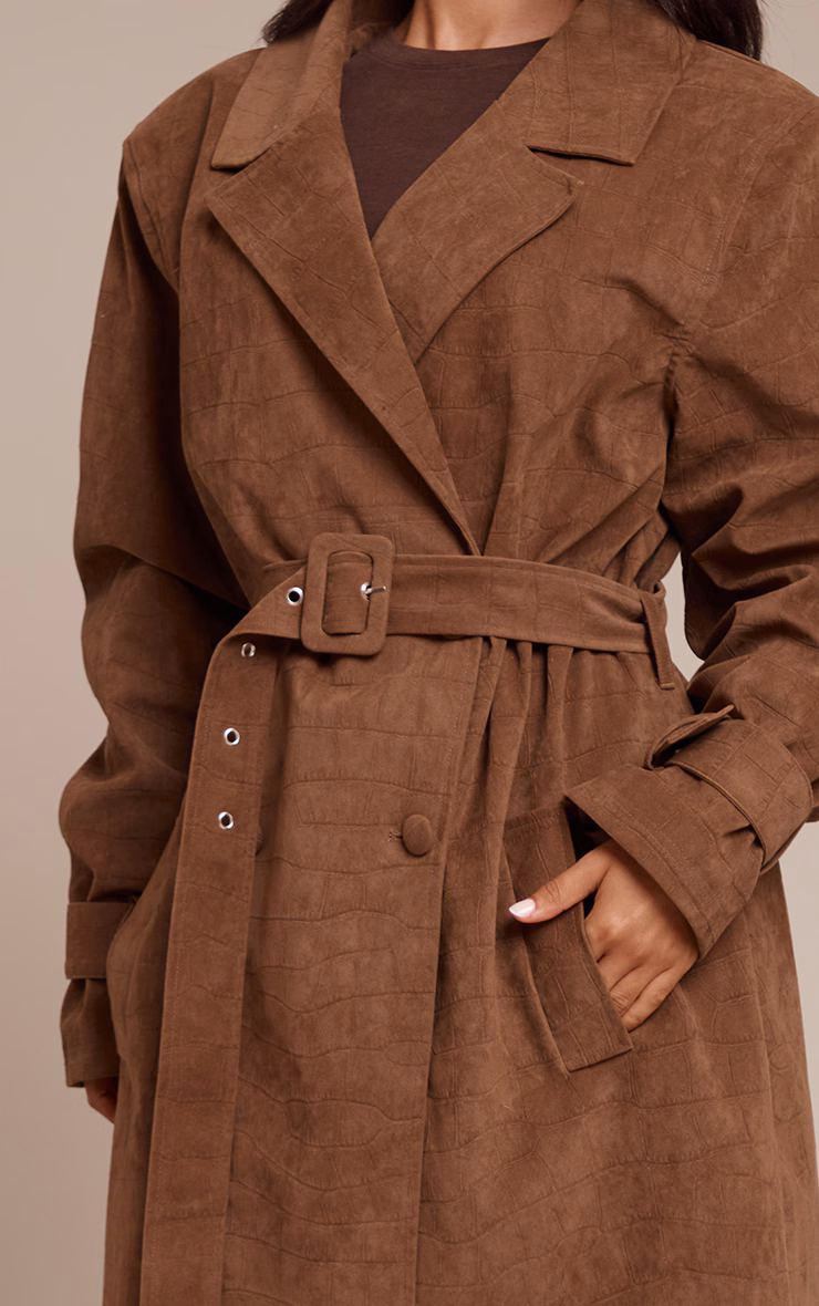 Petite Chocolate Croc Suede Trench Coat