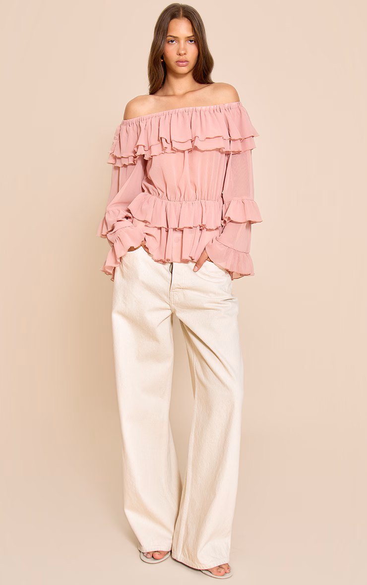 Pale Pink Chiffon Tiered Ruffle Bardot Top