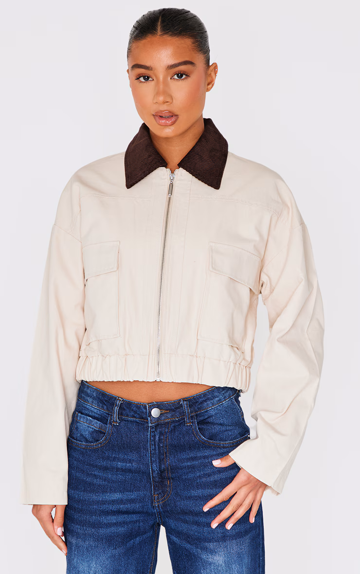 Beige Contrast Collar Twill Jacket