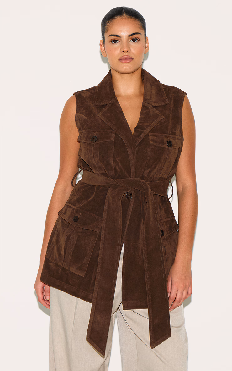 Plus Brown Faux Suede Longline Belted Sleeveless Utility Jacket